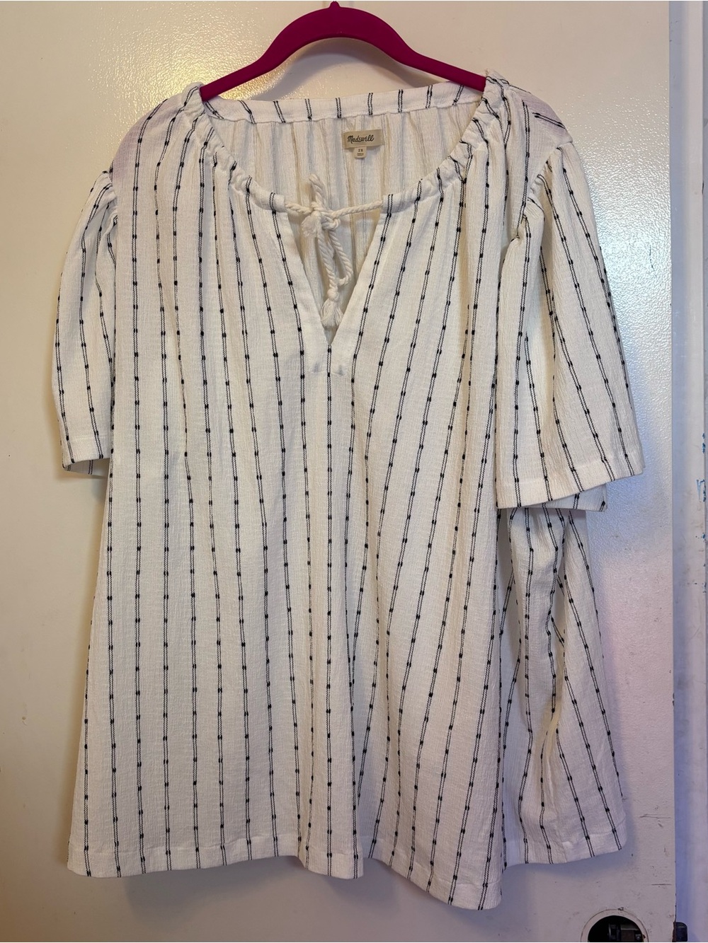 Madewell White Striped Tie-Neck Long Sleeve Top